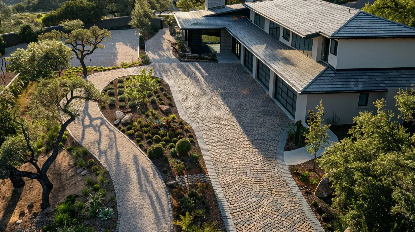 Beautifully arranged paver driveway and landscaped outdoor space enhancing curb appeal, featuring polished hardscaping, lush greenery, and modern architecture.