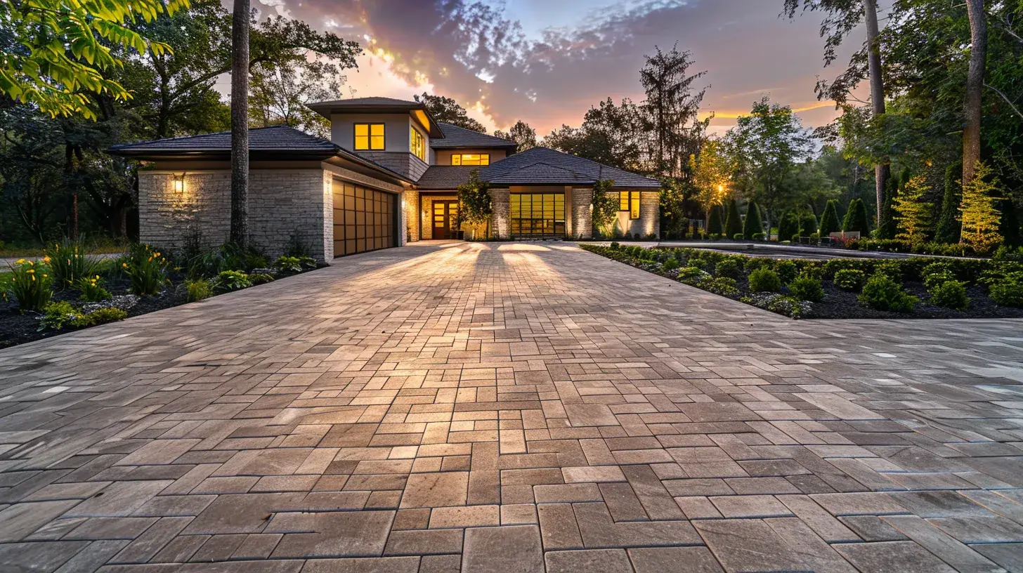 Meticulously paved driveway leading to a modern home, showcasing durable paver installation, enhancing curb appeal and outdoor aesthetics.