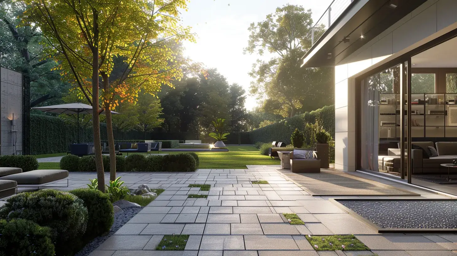 Stylishly designed outdoor spa with modern paver installation, lush greenery, and comfortable seating, enhancing the aesthetic appeal of the outdoor space.