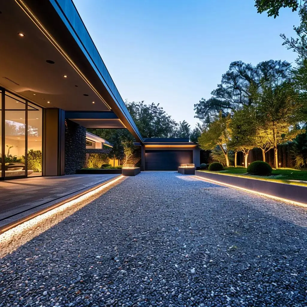 Modern suburban driveway featuring gravel surface, illuminated edges, and contemporary landscaping, highlighting aesthetic appeal and functionality for homeowners considering gravel driveways.