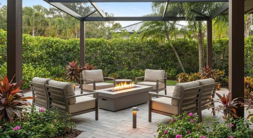 Cozy outdoor seating area with modern fire pit, surrounded by lush greenery and vibrant landscaping, enhancing Florida home's hardscaping design.