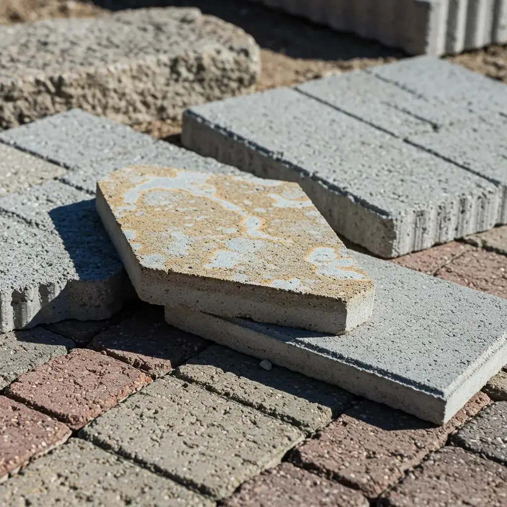 Close-up of hardscaping materials, including concrete pavers and natural stone, showcasing various textures and colors suitable for Florida properties.