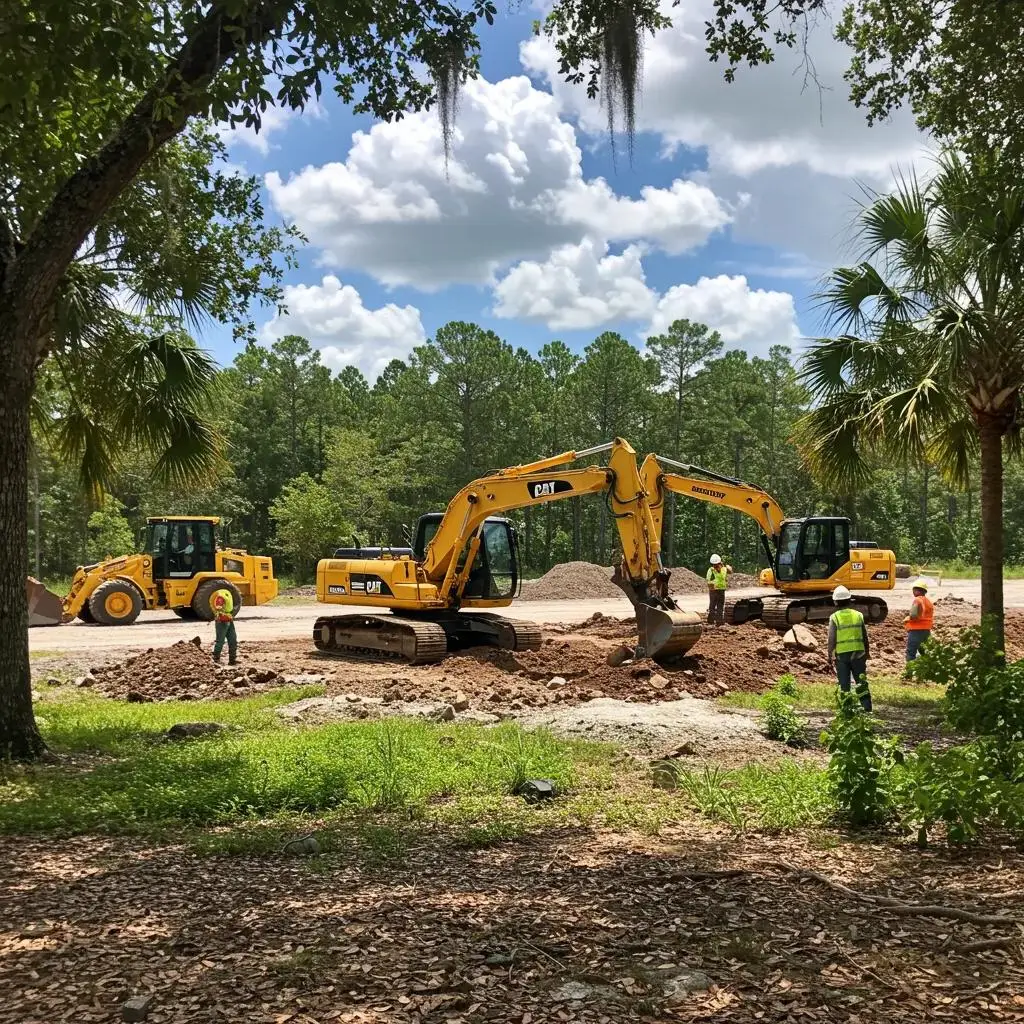 Excavation and hardscaping in Florida with heavy machinery, including CAT excavators and loaders, surrounded by lush vegetation and workers in safety gear.