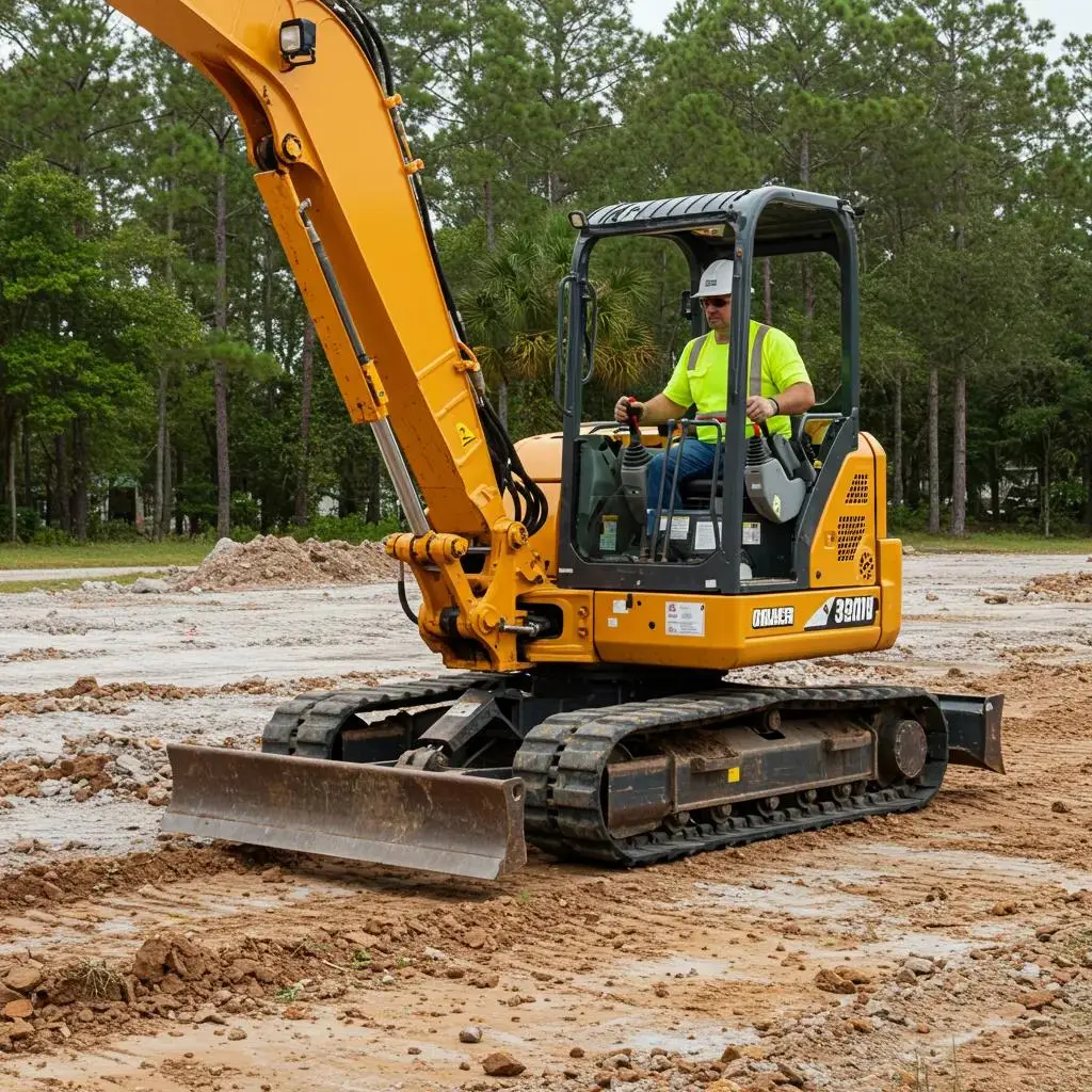 Excavator operator performing excavation services on a construction site in Florida, with land clearing and preparation visible in the background.