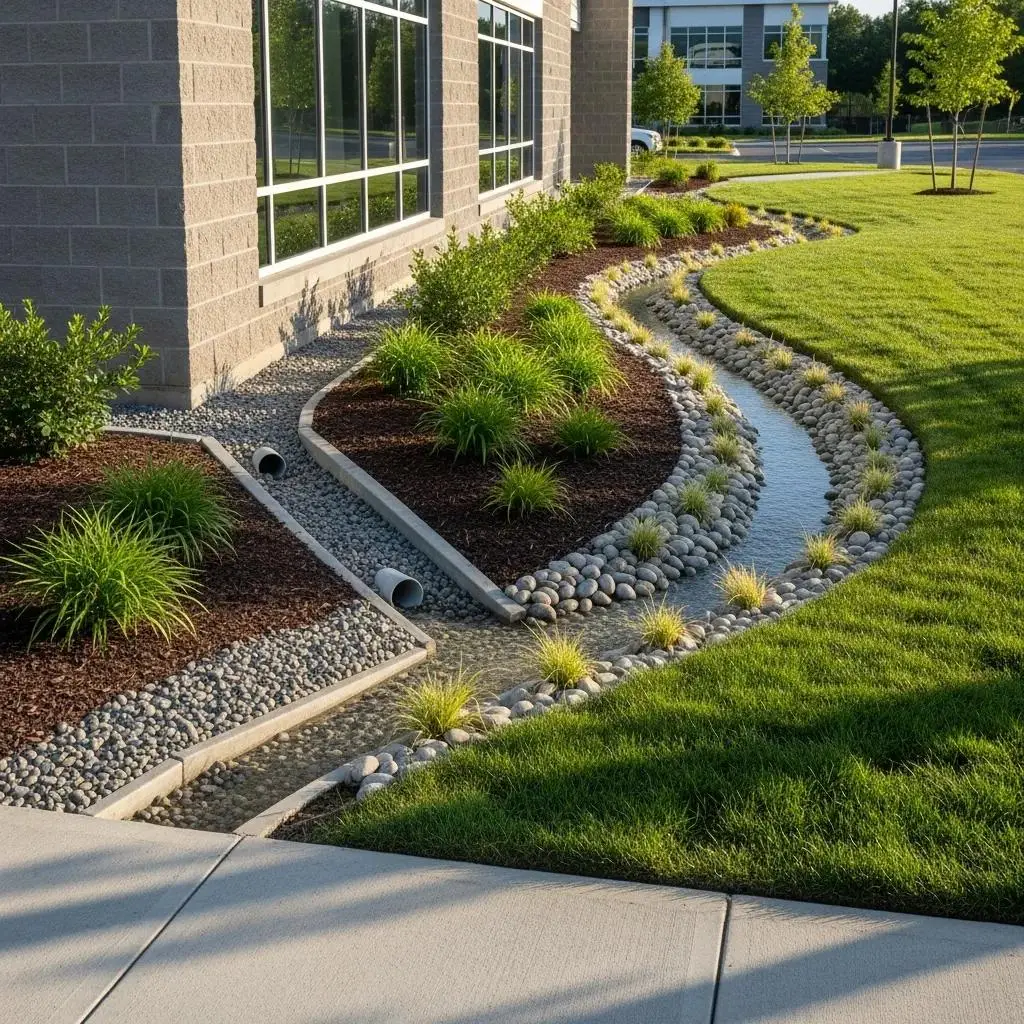 Advanced drainage system in a commercial property featuring landscaped swales, gravel beds, and vegetation for effective water management.
