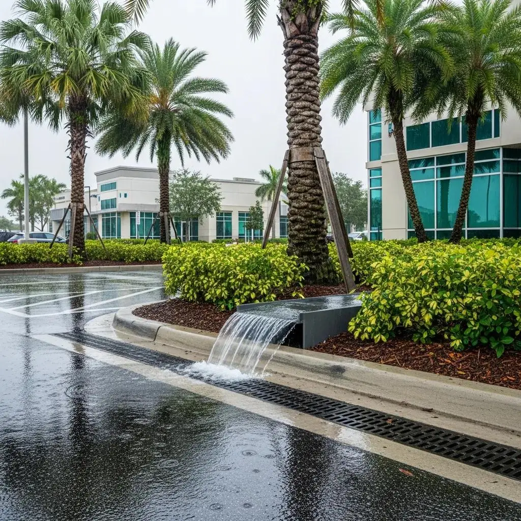 Commercial drainage system with trench drain managing stormwater in a Florida parking lot
