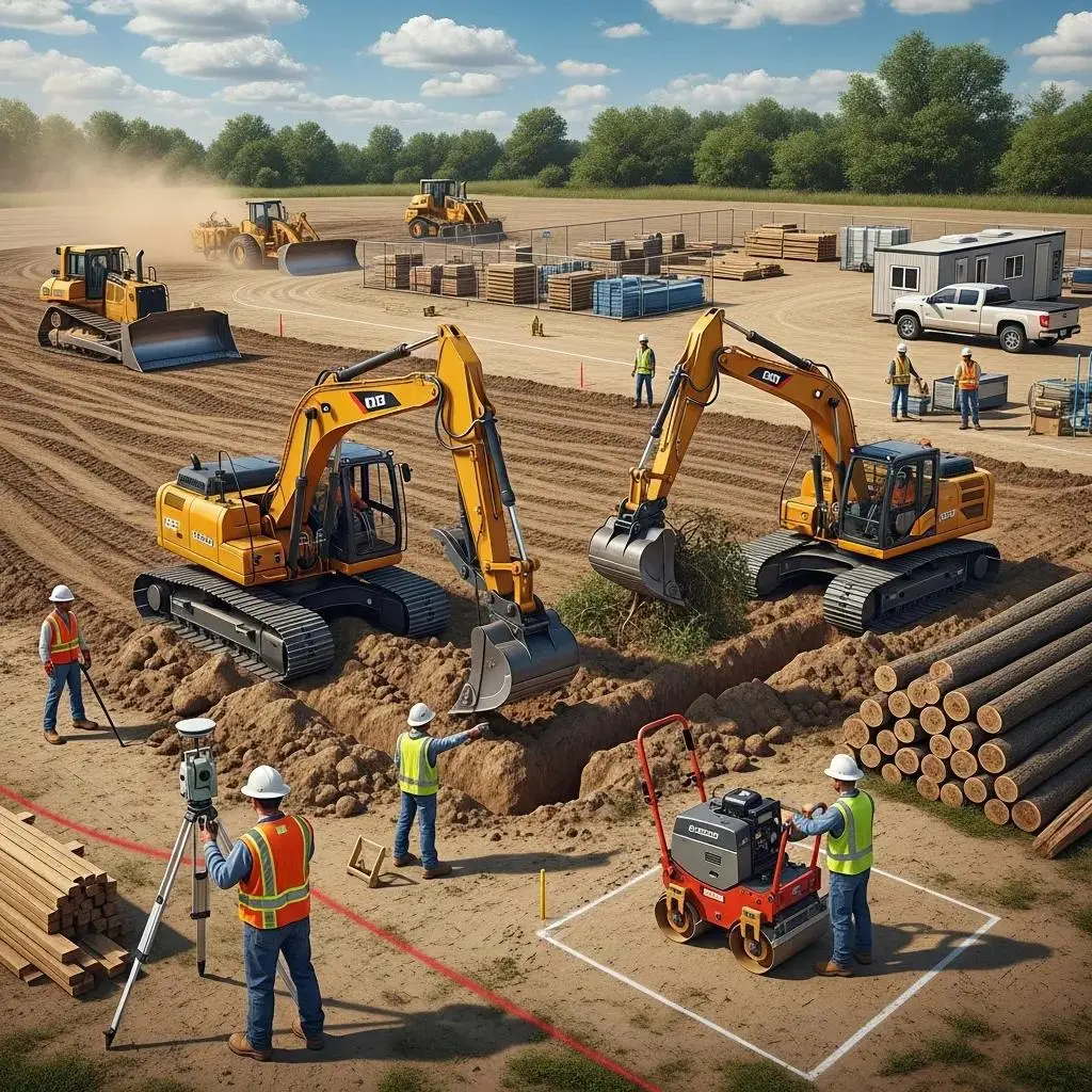 Site prep and clearing activity coordinating machinery and grading