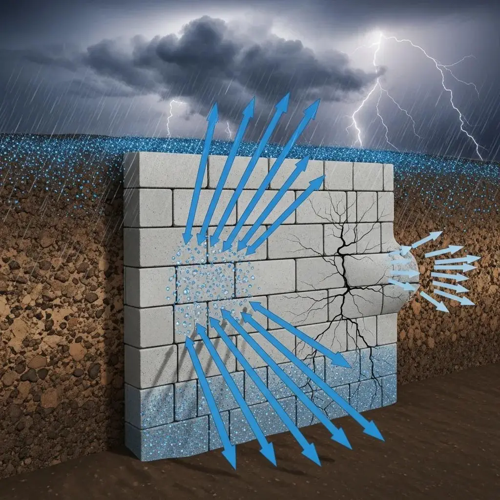 Cross-section of a retaining wall illustrating hydrostatic pressure effects, showing water flow, cracks, and potential failure points in saturated soil conditions.