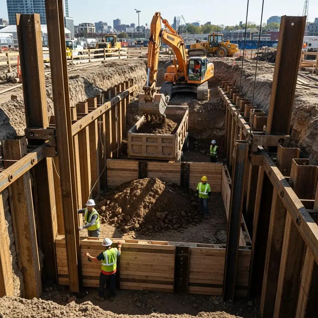 Deep foundation excavation site with workers managing soldier piles and lagging, excavator loading soil into a truck, showcasing construction techniques for commercial projects.