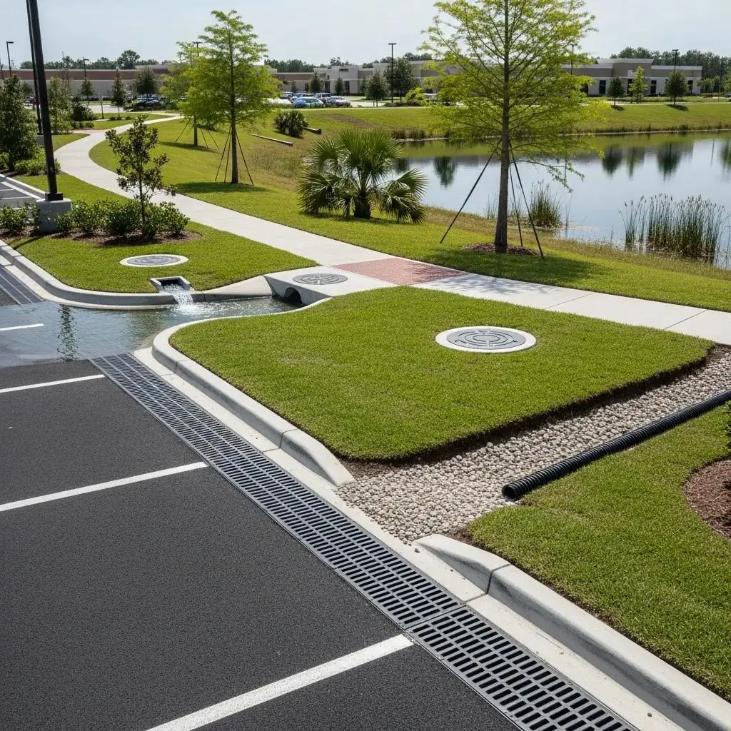 Commercial drainage components: trench drains, catch basins, and a retention pond