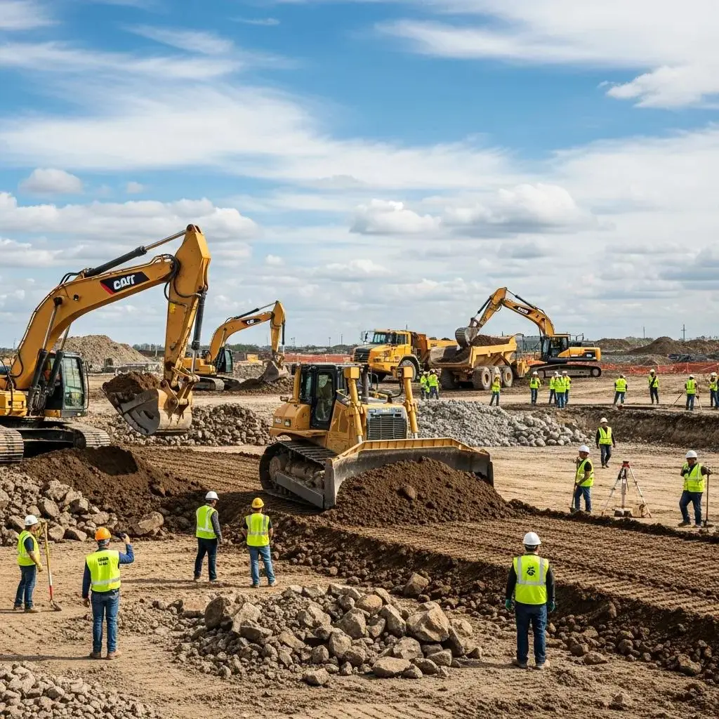 Excavation machinery and workers in safety gear at a commercial construction site, showcasing earthmoving, grading, and site preparation activities.