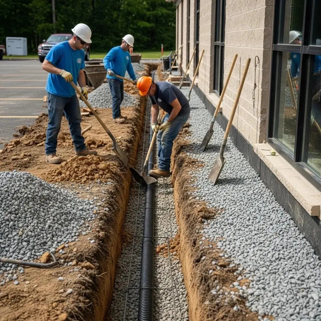 Installing a French drain to protect commercial foundations from groundwater
