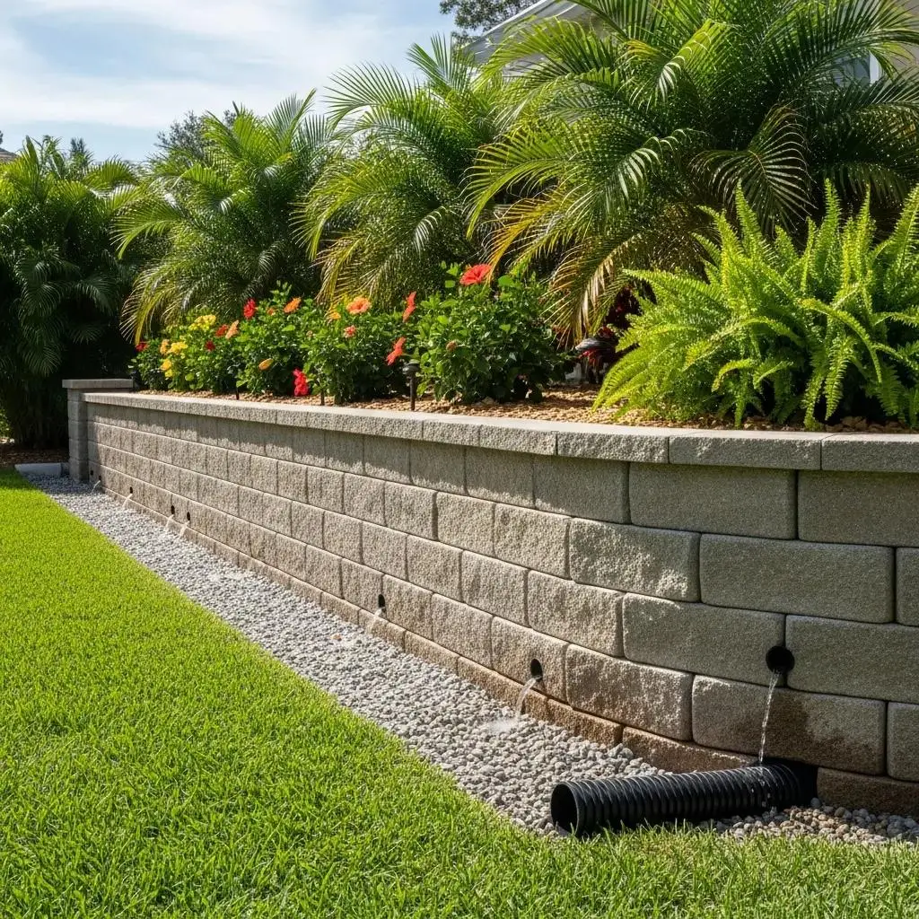 Retaining wall with weep holes and effective drainage system, surrounded by lush tropical plants and gravel backfill, in a Florida landscape.
