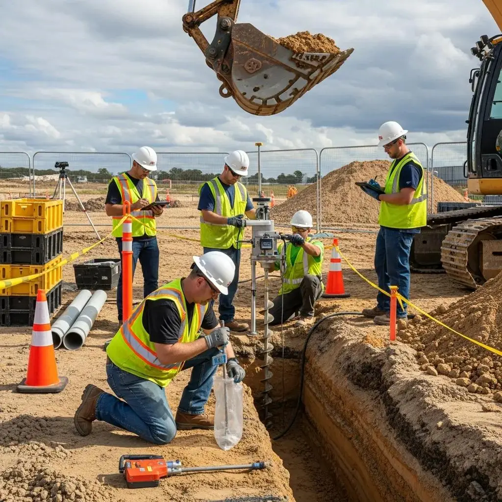Workers conducting soil testing on a commercial excavation site, using equipment to analyze soil conditions, wearing safety gear, with excavation machinery and materials in the background.
