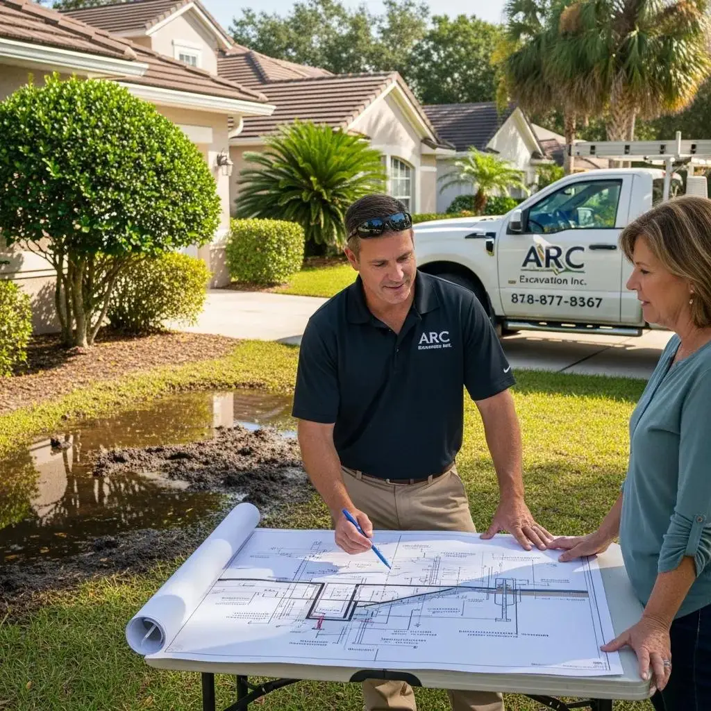 ARC Excavation expert consulting with homeowner about drainage solutions, reviewing plans next to standing water in Jacksonville yard.