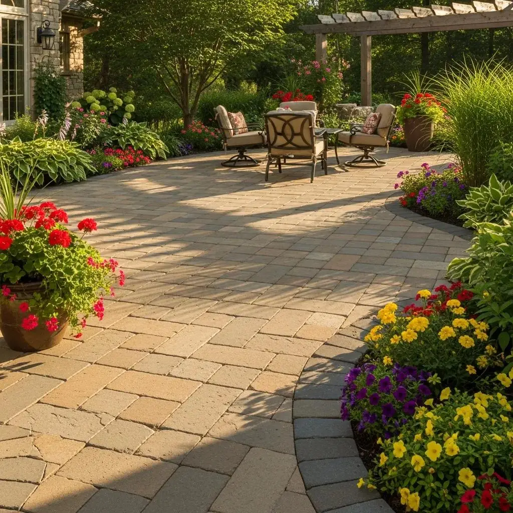 Beautifully landscaped patio with natural stone pavers surrounded by greenery and flowers