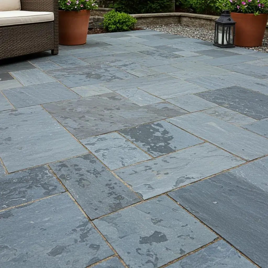 Close-up of a bluestone patio showcasing its textured surface and durability, suitable for humid climates and poolside applications.