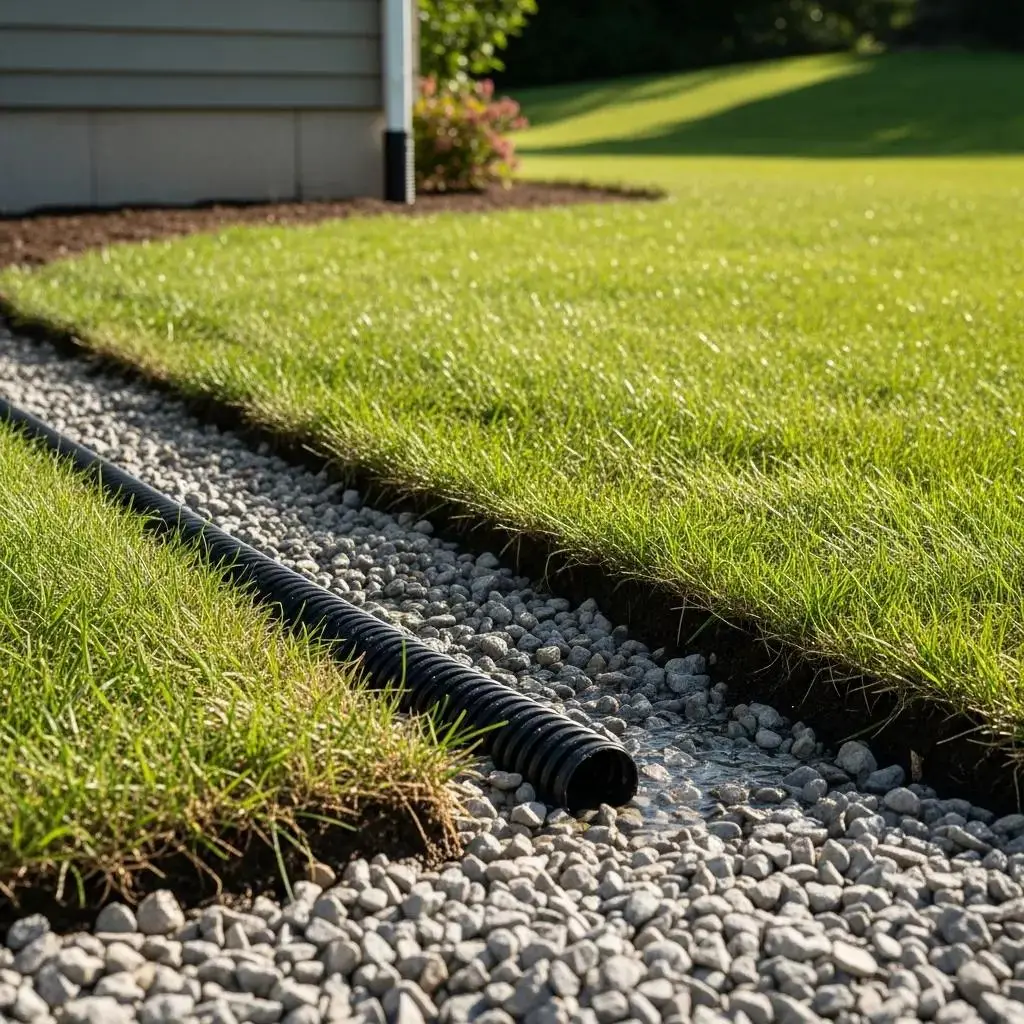 Close-up of a French drain being installed in a residential yard