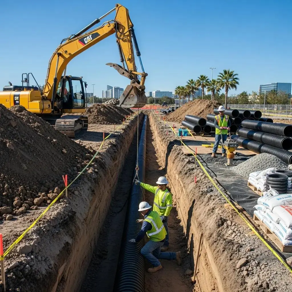 Commercial drainage installation site in Jacksonville, featuring excavation equipment, workers installing drainage pipes, and construction materials.