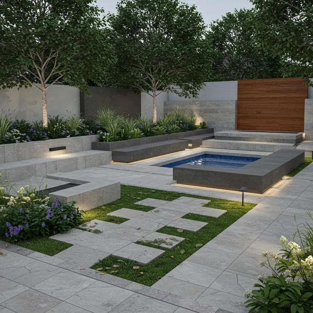 Contemporary backyard design in Jacksonville featuring clean lines, neutral materials, integrated lighting, and a small pool surrounded by drought-tolerant plants and textured hardscaping.