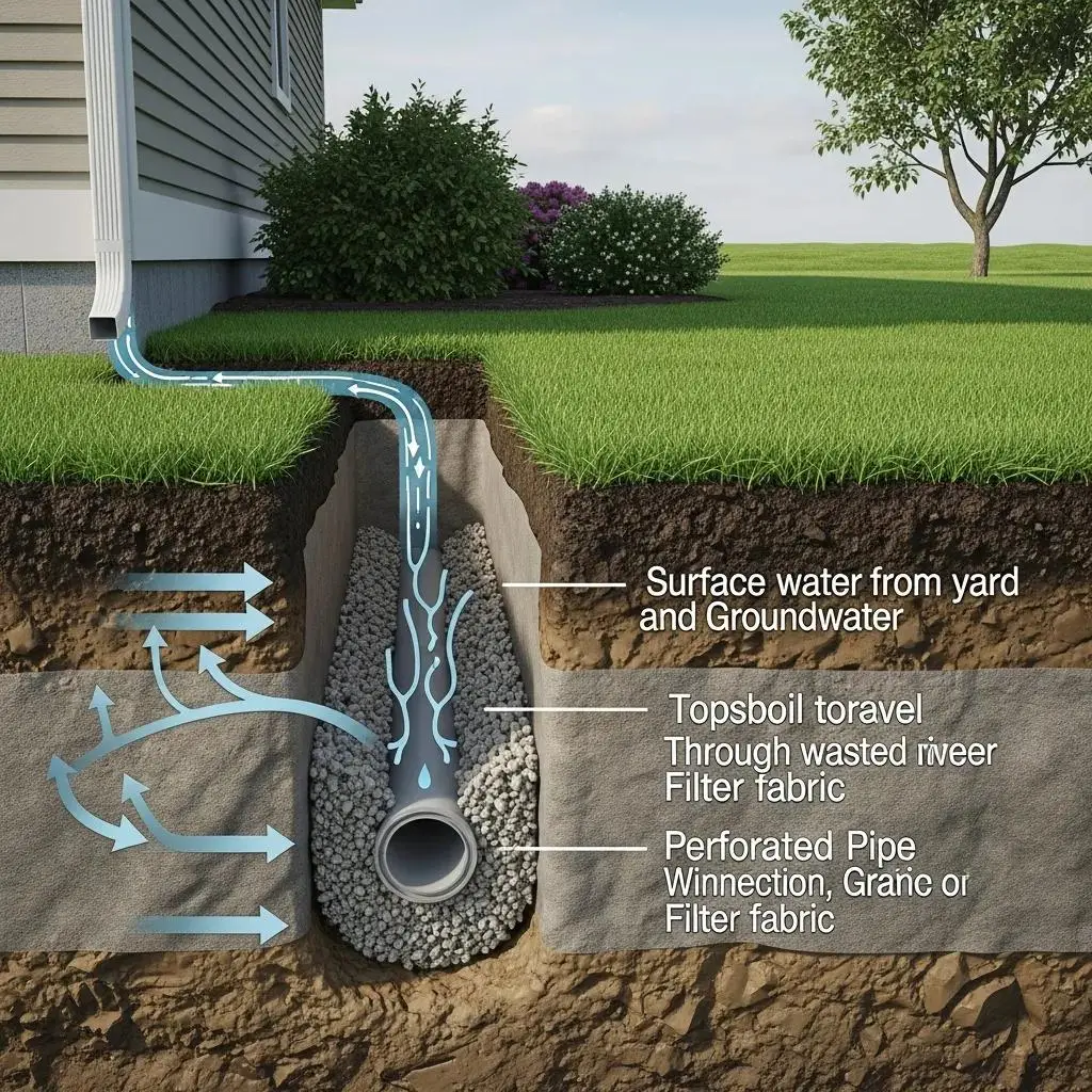 Cross-section view of a French drain system illustrating water management in residential landscaping, showing surface water flow, perforated pipe, and gravel fill for effective drainage solutions.