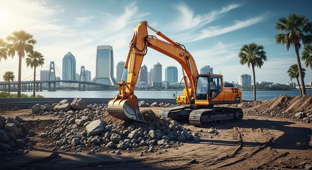 Excavator on construction site with Jacksonville skyline in background, showcasing drainage and excavation services.