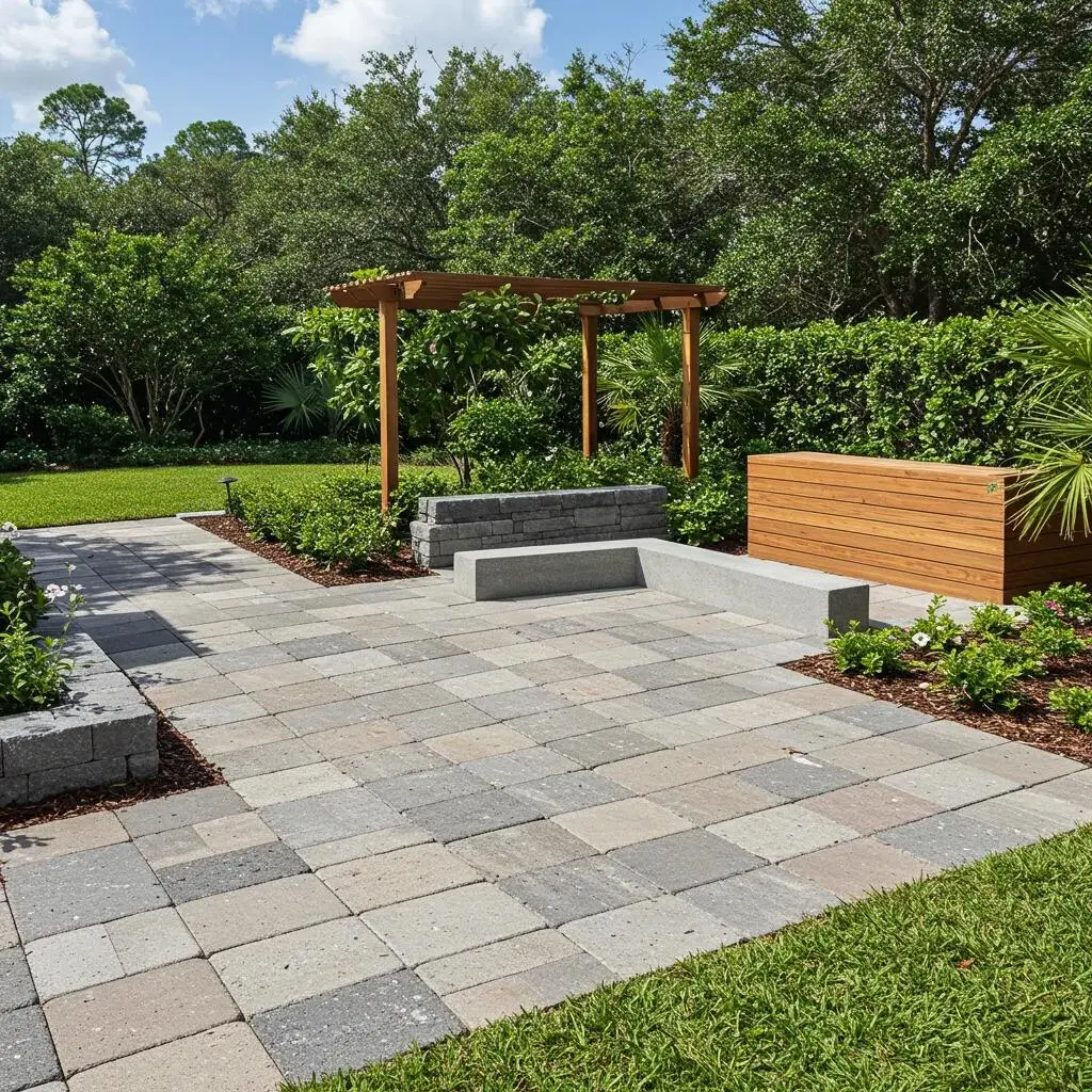 Eco-friendly hardscape materials in a sunny Florida garden featuring a stone patio, wooden pergola, and lush greenery, illustrating sustainable landscaping solutions.