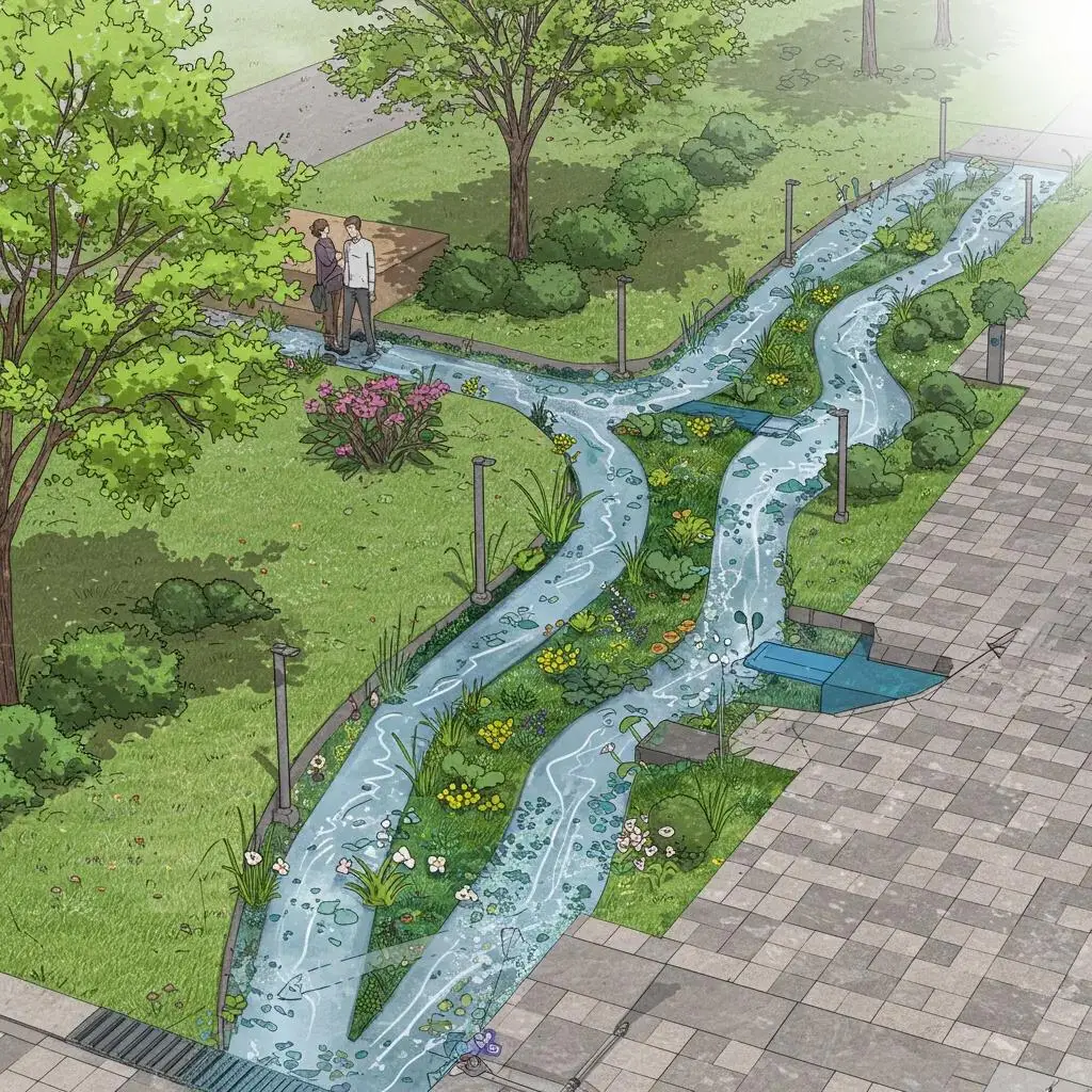 Eco-friendly hardscape design featuring permeable paving, bioswales, and water management systems with flowing water, surrounded by greenery and flowers.