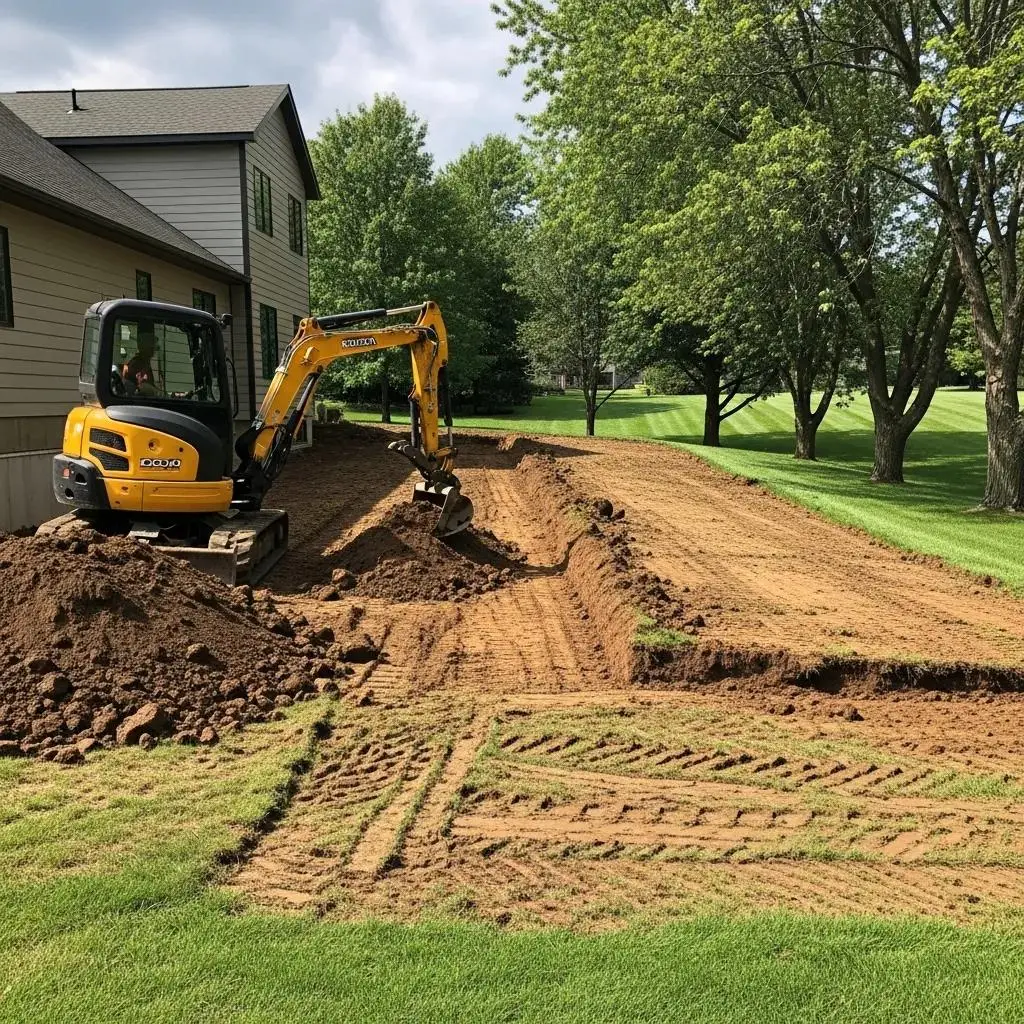 Excavation and grading process in a yard, showcasing heavy machinery shaping land for improved drainage effectiveness, with freshly tilled soil and surrounding greenery.
