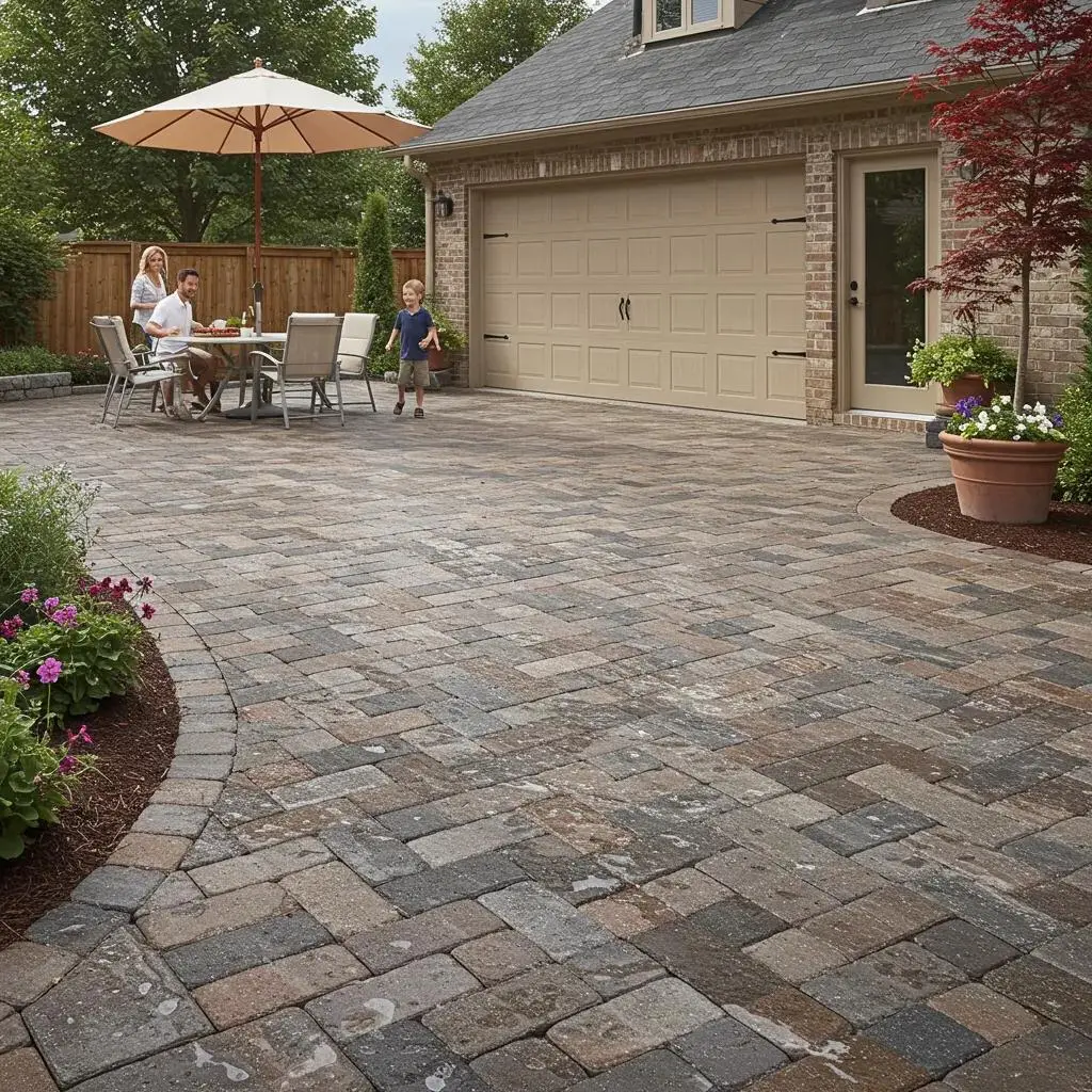 Family enjoying a patio made of permeable pavers in a residential setting, showcasing eco-friendly landscaping and stormwater management benefits.