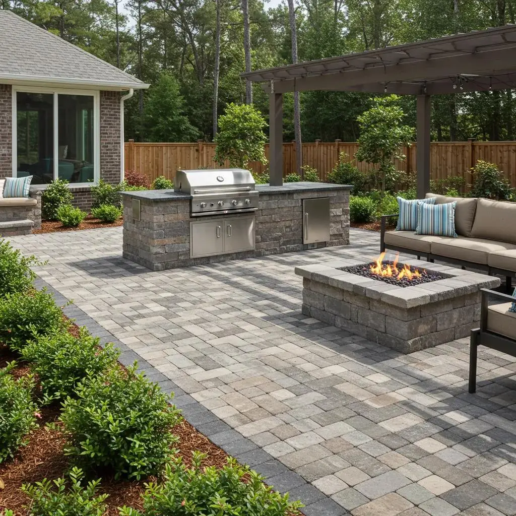 Modern Jacksonville landscape design featuring a paver patio, outdoor kitchen with grill, fire pit, and lush Florida-friendly plants, emphasizing outdoor living trends for 2023.