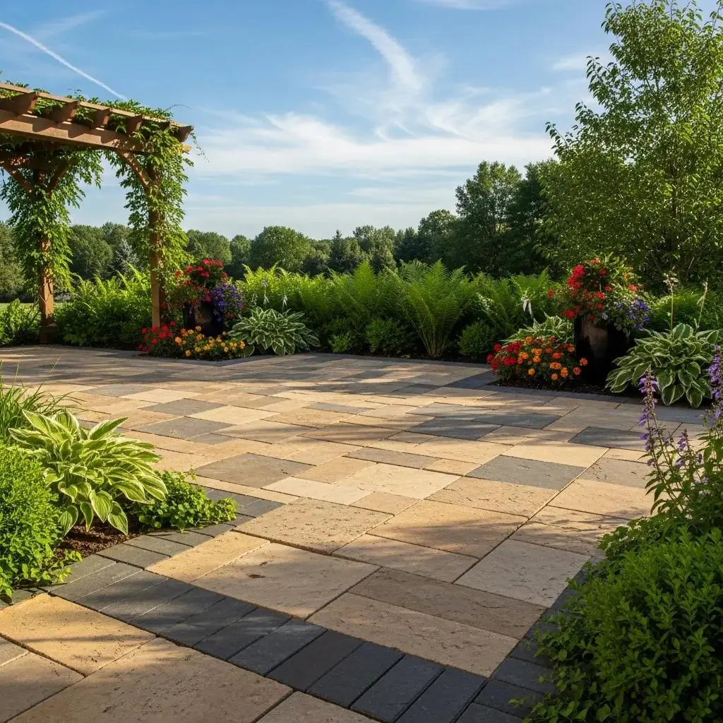 Natural stone pavers in a landscaped patio with vibrant flowers and greenery, showcasing durability and aesthetic appeal for outdoor spaces.