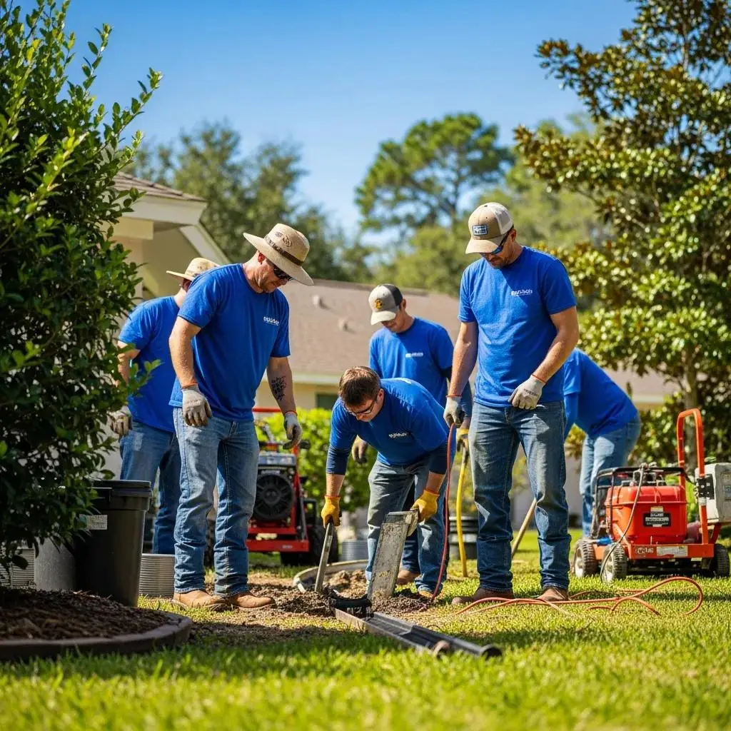 Professional drainage installation team working on landscape drainage solutions in Jacksonville, Florida, with equipment and tools in use.