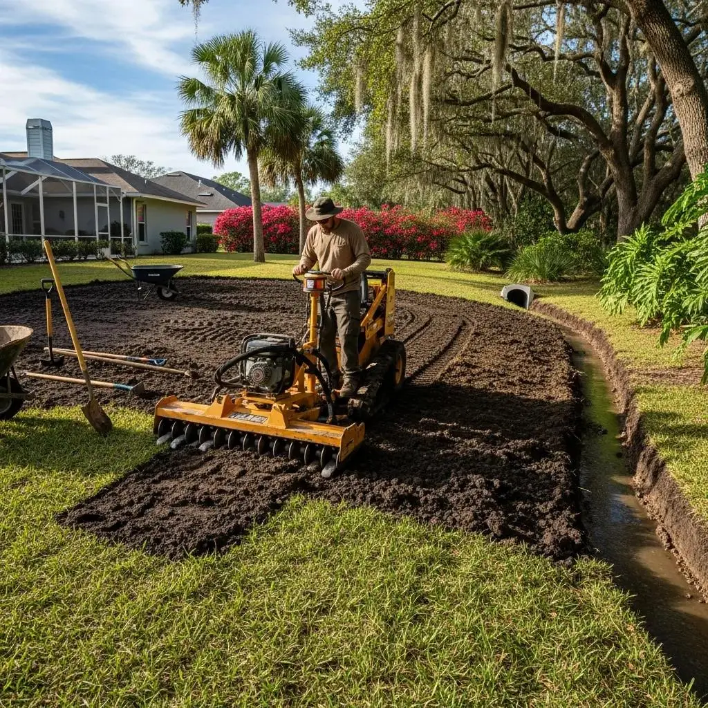 Crew grading a yard to create proper slopes for drainage