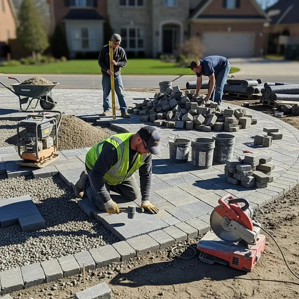 Professional installation of natural stone pavers, workers using tools for leveling and cutting, showcasing techniques for quality outdoor surfaces in residential settings.