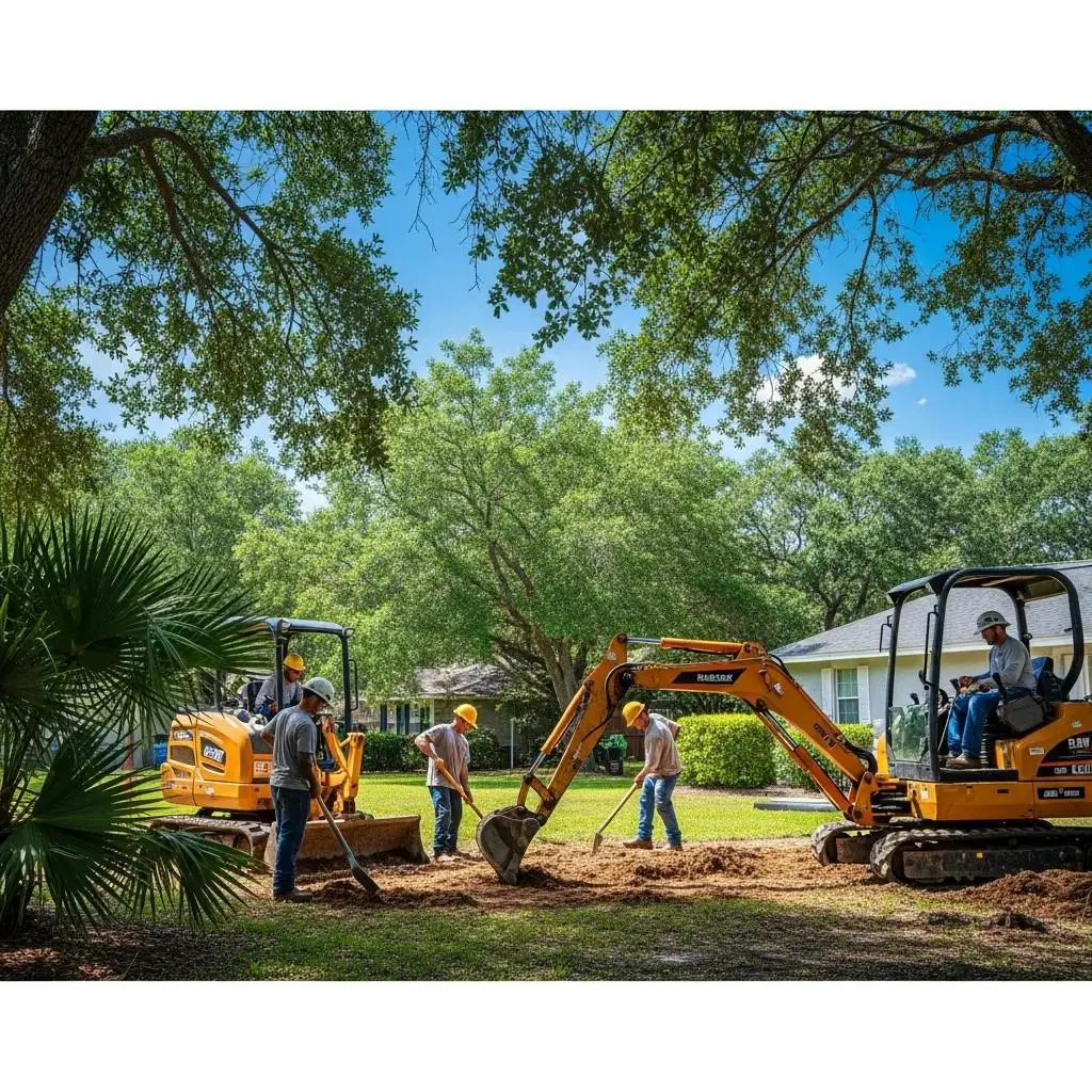 Team of excavation professionals installing drainage systems in residential yard, showcasing effective water management techniques in Jacksonville, Florida.