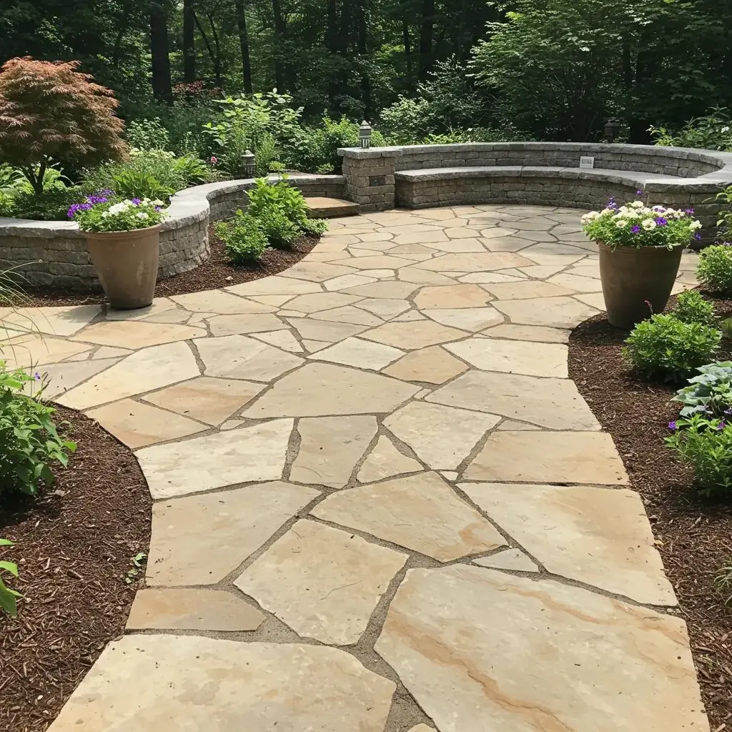 Rustic flagstone patio integrated with lush garden, featuring irregular slabs, organic shapes, and vibrant flower pots, enhancing outdoor living space.
