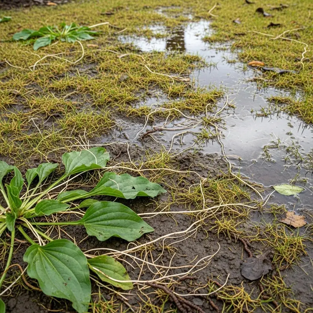 Soggy lawn with water pooling, unhealthy grass, and exposed roots indicating poor drainage issues, relevant for drainage solutions and excavation services.
