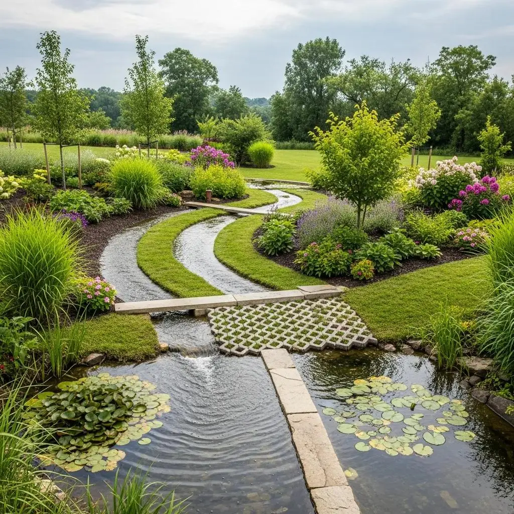 Stormwater management system directing rainwater through a landscaped area