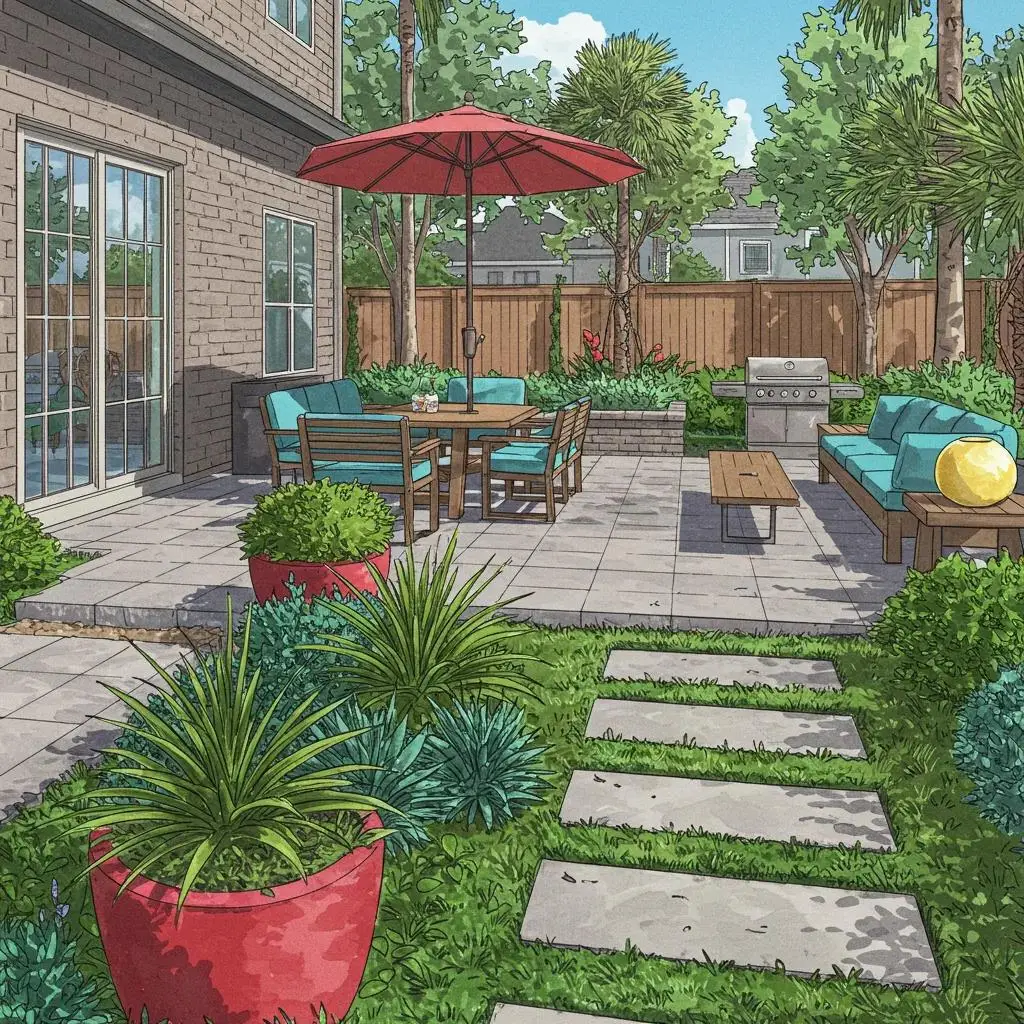 Vibrant Jacksonville patio featuring modern hardscaping, coastal plants, outdoor dining area with red umbrella, and lush greenery.