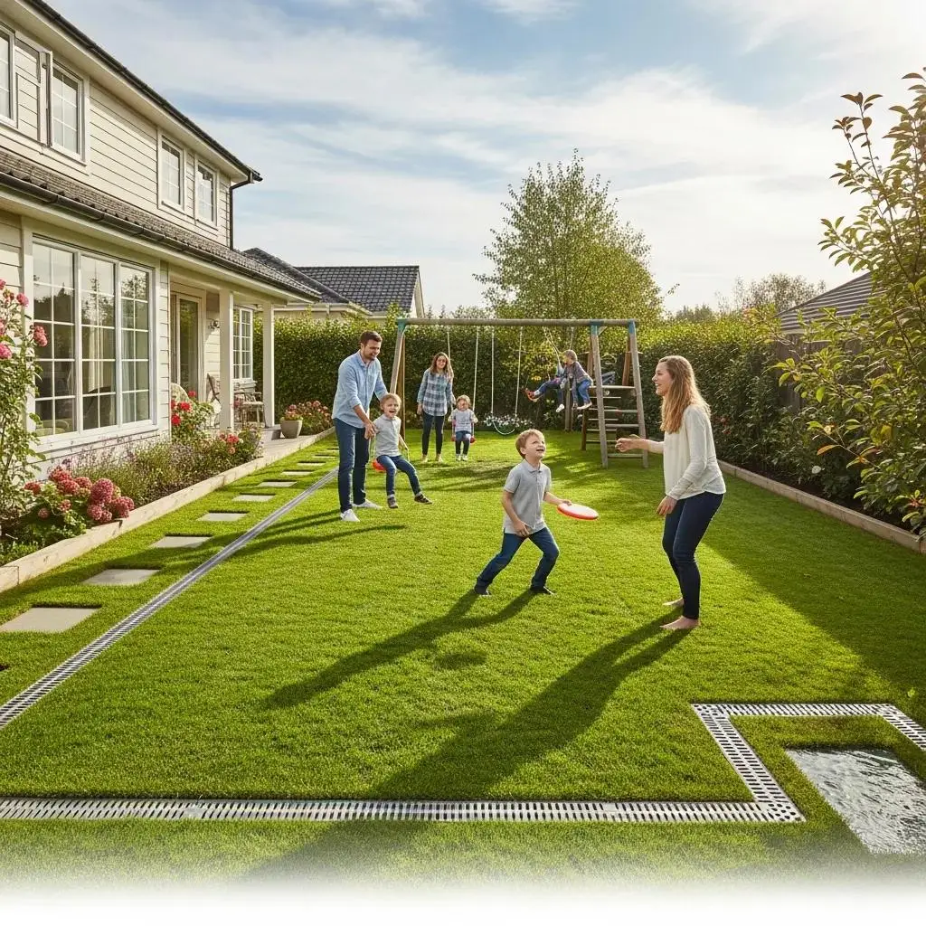 Family enjoying time in a well-maintained lawn with effective drainage solutions, featuring children playing and a swing set, emphasizing the importance of proper yard drainage for a healthy landscape.