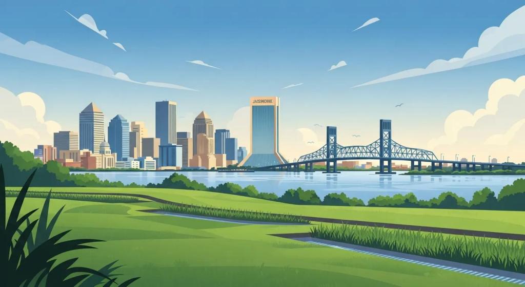 Jacksonville skyline with modern buildings, river, and bridge, surrounded by green grass and blue sky, representing Arc Excavation's local services in drainage and excavation.