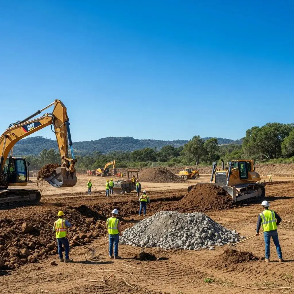 Construction site with heavy machinery and workers excavating land, preparing for foundation work in Jacksonville.