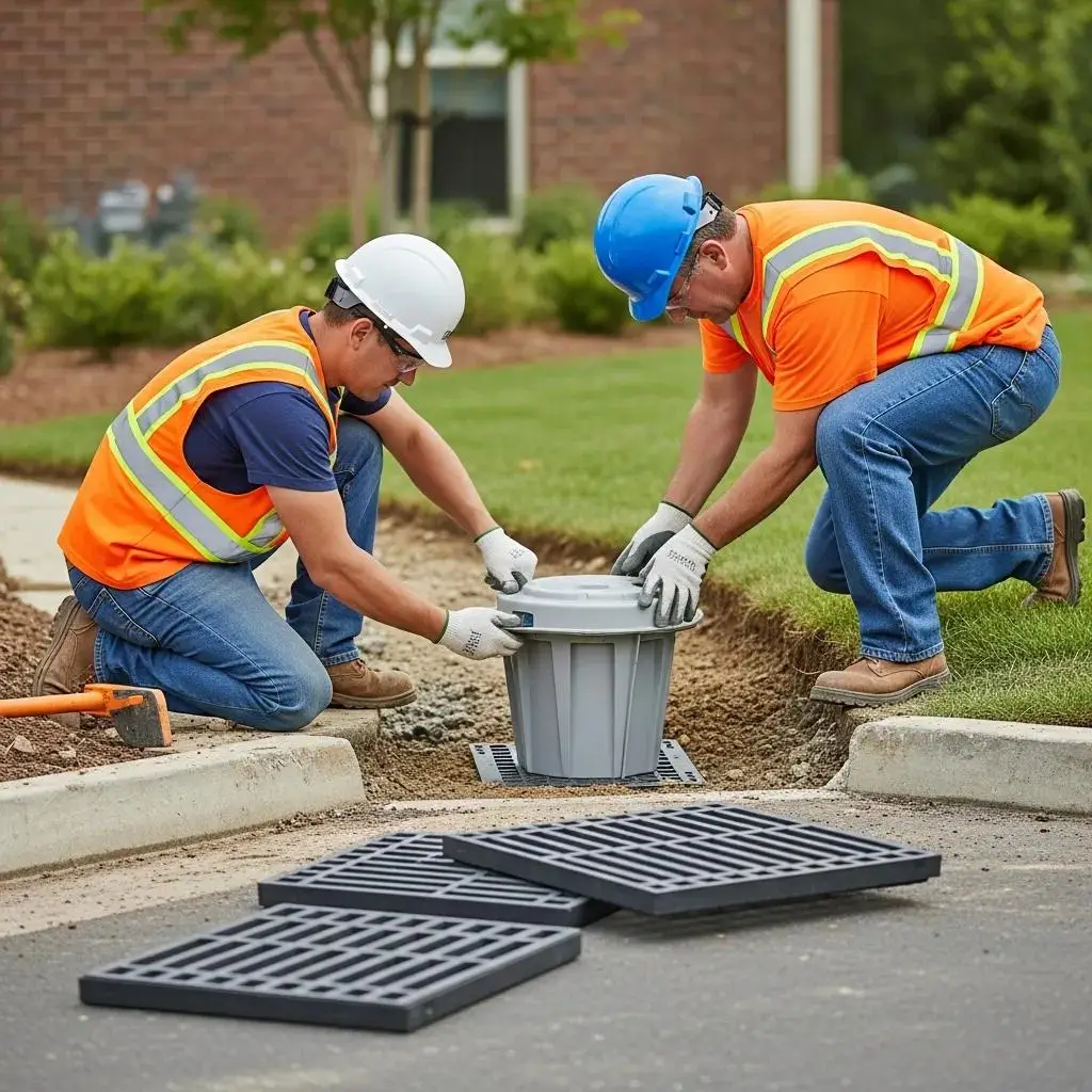 Two construction workers installing a catch basin and storm drain grate for effective surface water management, with additional grates positioned nearby.