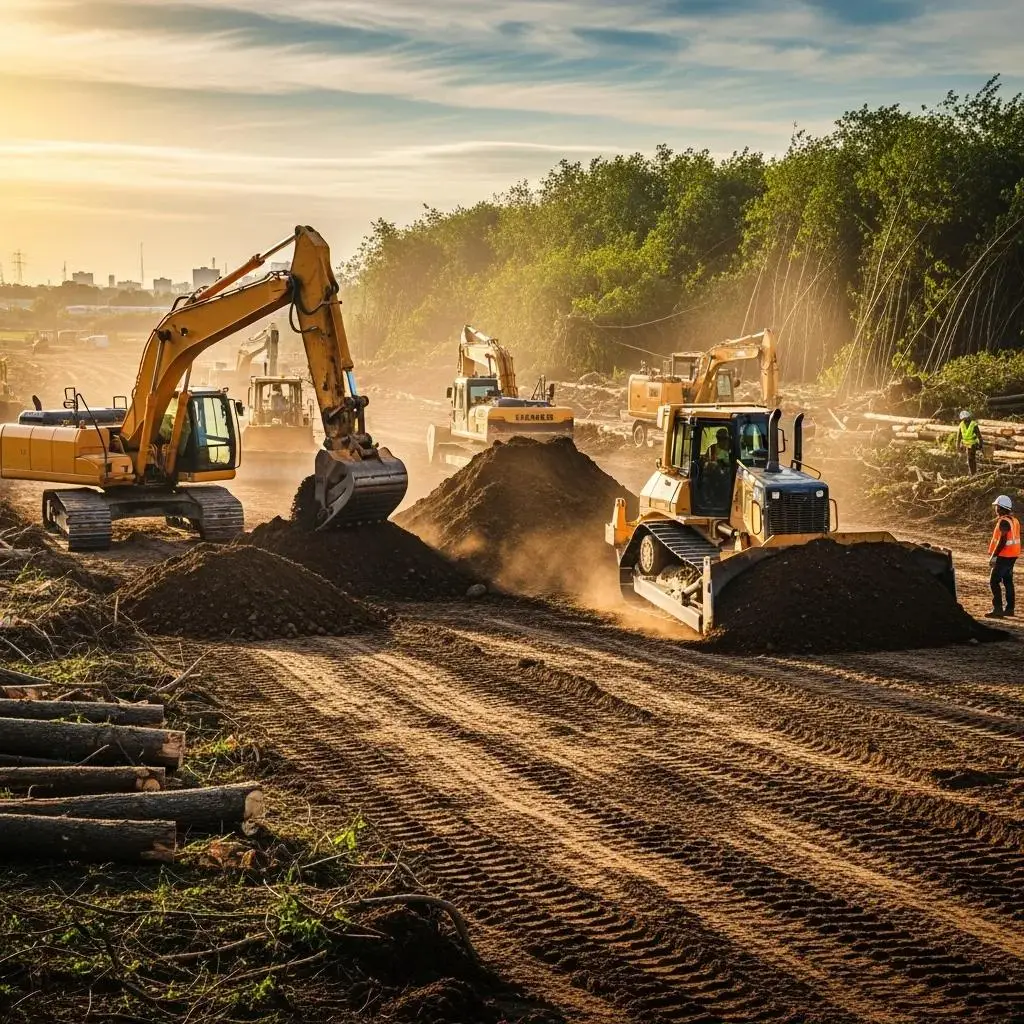 Excavation and grading machinery at a construction site, showcasing land preparation processes with multiple heavy equipment operating in a cleared area.