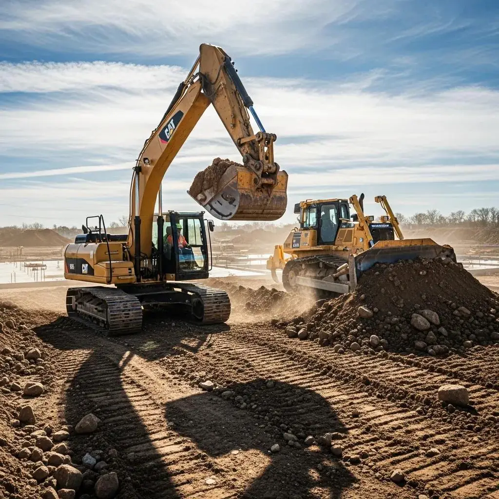 Excavator and bulldozer working on a site