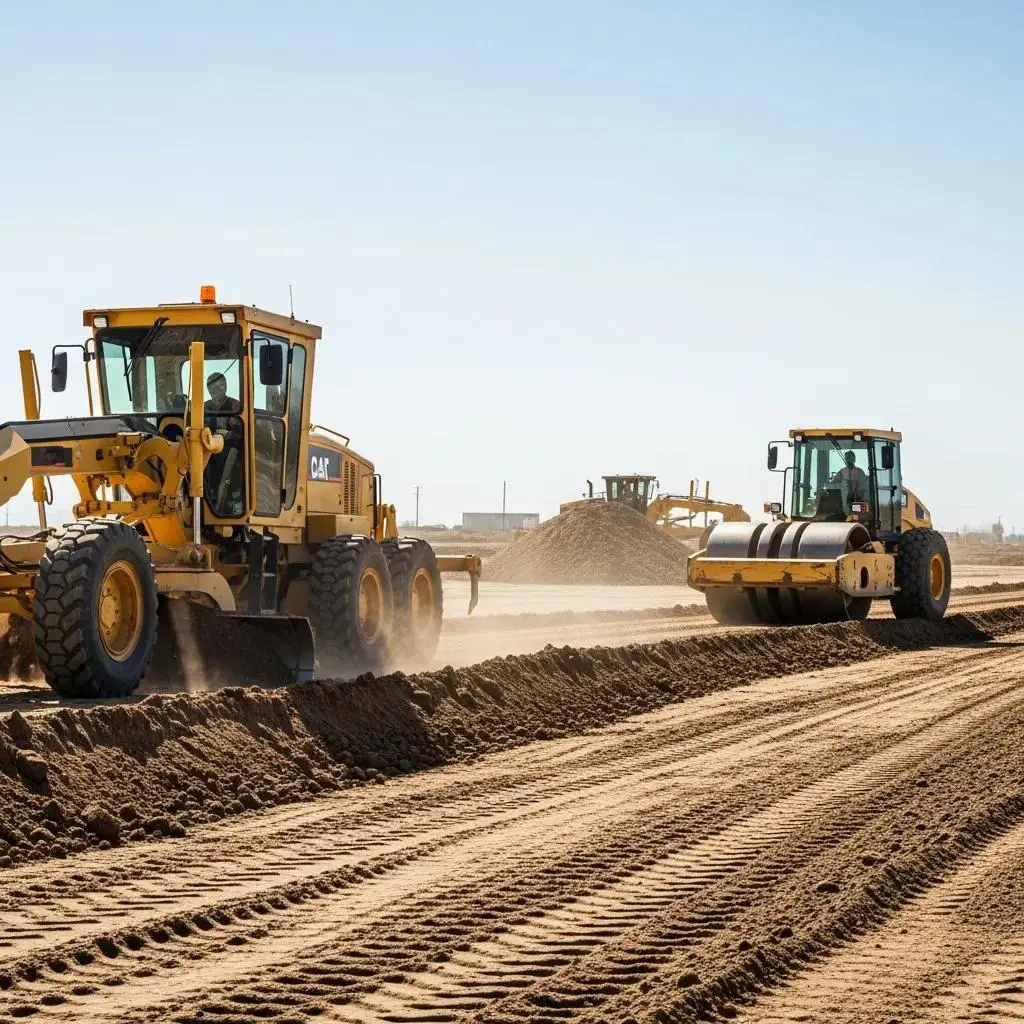 Grader and compactor on a construction site
