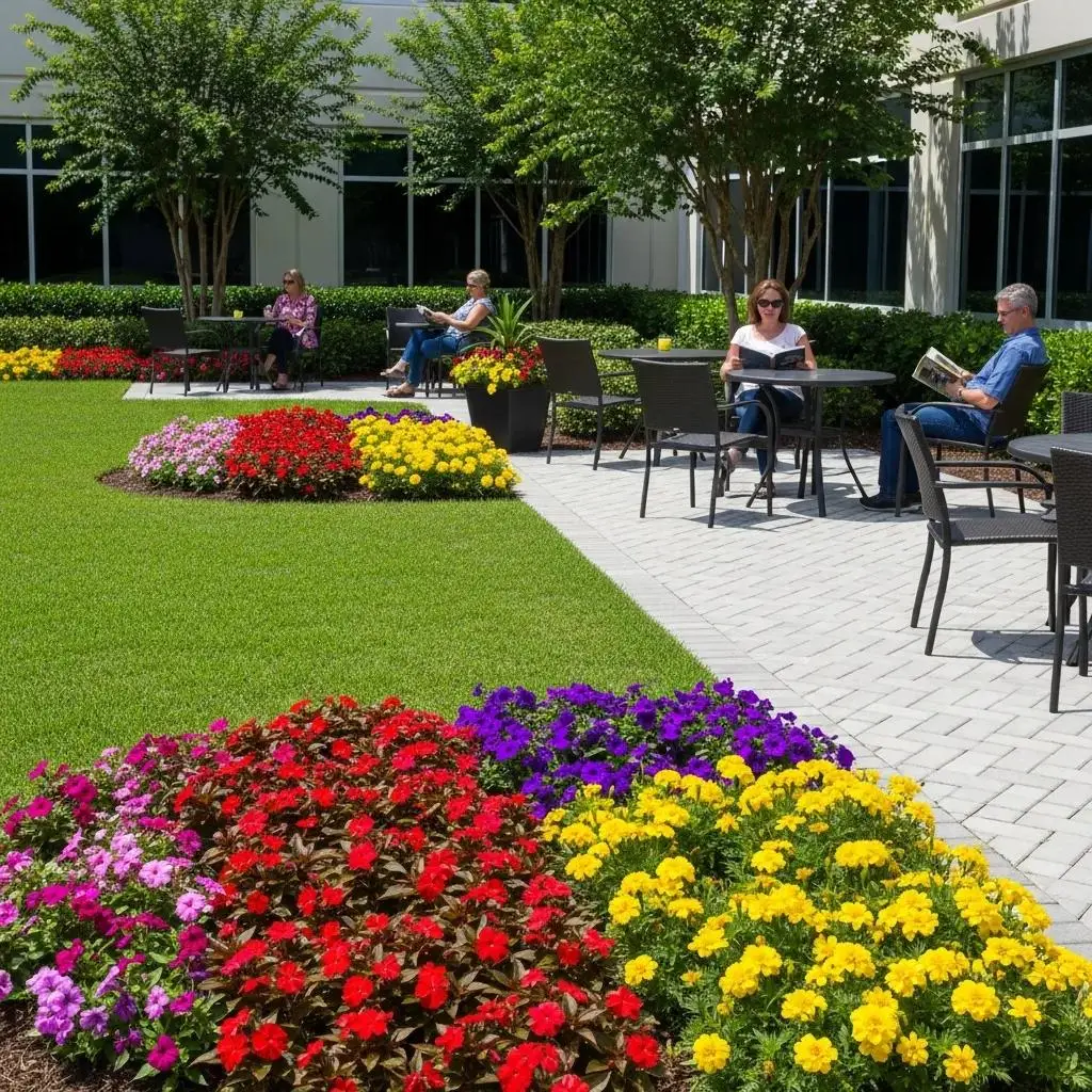 Vibrant commercial landscaping in Jacksonville featuring lush flower beds with red, yellow, and purple blooms, complemented by outdoor seating areas for relaxation and socializing.