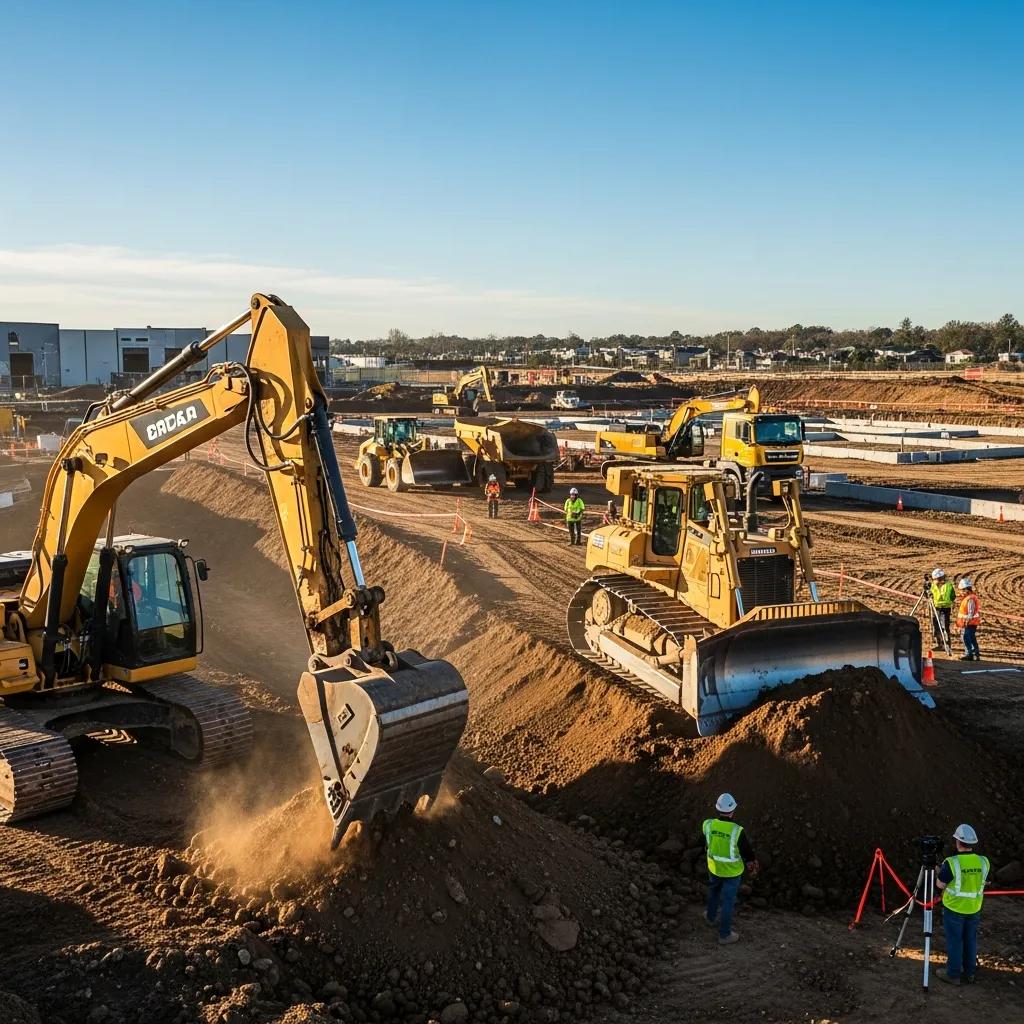 Commercial excavation site with heavy machinery and workers preparing land for construction