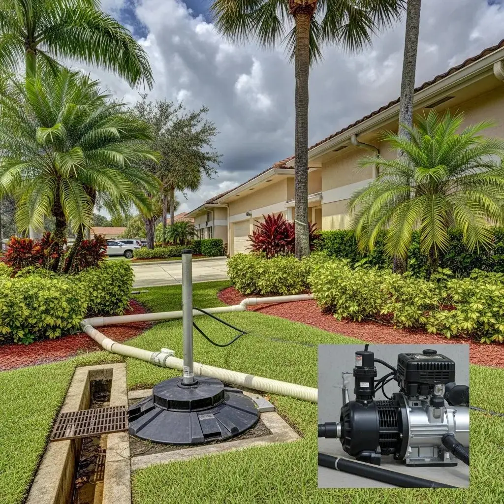 Commercial property in Florida featuring effective drainage solutions like trench drains and sump pumps